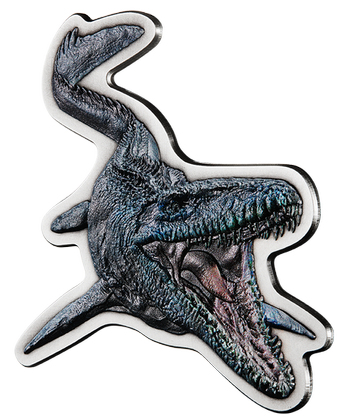 Niue: Jurassic World - Mosasaurus de color 2 onzas Plata 2022 Moneda Antigua