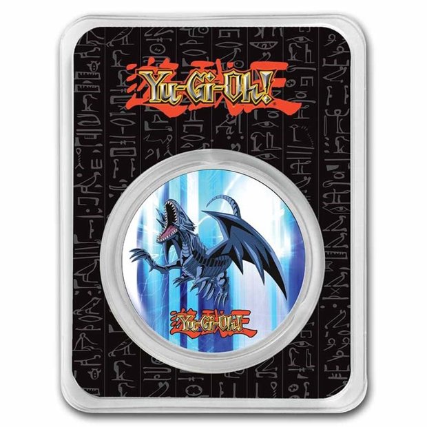 Niue: Yu-Gi-Oh! Dragón Blanco Ojos Azules coloreado - 25º Aniversario 1 oz Plata 2022 Slab