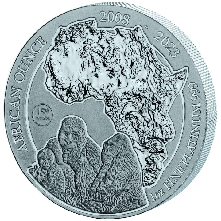 Ruanda: Onza Africana - 15º Aniversario Gorila de Montaña 1 oz Platino 2023