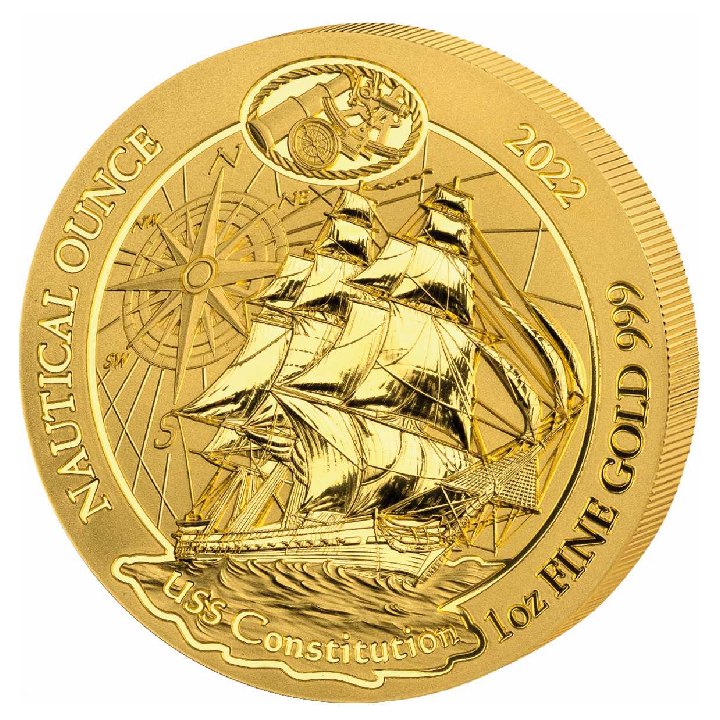 Ruanda: Onza Náutica - USS Constitution 1 oz Oro 2022 Acabado Antiguo