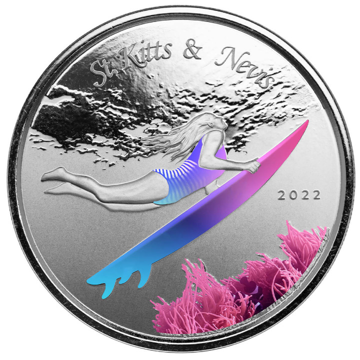 San Cristóbal y Nieves: Underwater Surfer kolorowany 1 uncja Srebra 2022 Proof